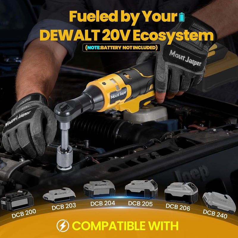 Mount Jasper 3/8" Brushless Ratchet Wrench Compatible with DeWalt 20V Max | 75 ft-lb Torque, 300 RPM | Variable Speed, Fwd/Rev, LED Light | Includes 1/4" Adapter & 3"/6"/10" Extensions | Tool Only - Image 2